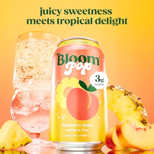 Image of Bloom Pop Prebiotic Soda, Gut Health Support, Peach Pineapple, 12 Pack | Peach pineapple flavor with clinically backed prebiotics for gut health, metabolism support and soda satisfaction.