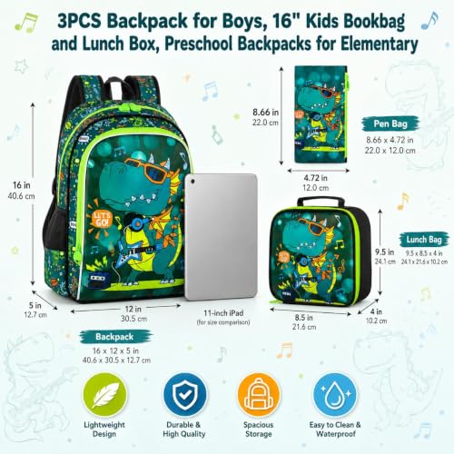 Image of 16 inch Dinosaur Backpack for Boy, 3Pcs Kids School Bookbag for Elementary Preschool Kindergarten, School Backpacks with Lunch Box(Green)