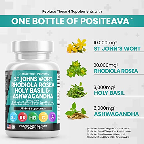 Clean Nutraceuticals St Johns Wort 10000mg Rhodiola Rosea 20000mg Holy Basil 3000mg Ashwagandha 6000mg - Mood Support for Women and Men with Vitamin C & Black Pepper Extract - Made in USA 90 Caps - Image 3