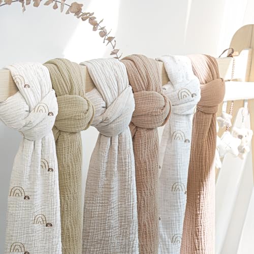 lulumoon Baby Muslin Swaddle Blankets: Soft Receiving Blanket for Newborn - Cotton Swaddling Blanket for Neutral 3Pack(Rainbow Khaiki)