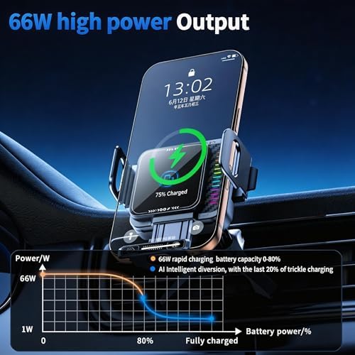 UWDFH Wireless Car Charger, 15W Wireless Charging & 66W Type-C Fast Charging, Car Phone Holder Mount for iPhone 17/16/15/14/13, iPads, Samsung Galaxy Z Fold/Flip, S25/S24/S23, Google Phone - 2