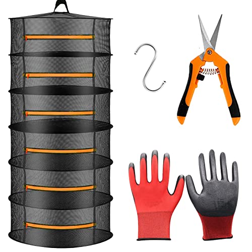 2ft 6 Layer Orange Zippered Herb Drying Rack,Hanging Dryer Dry Net for Hydroponics Plant with Scissors and Gloves