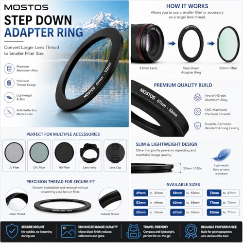 Image of MOSTOS - Camera Lens Step Down Adapter Ring for DSLR & Mirrorless Cameras - Metal Filter Thread Converter Ring for Lens to Filter Size Reduction (49mm to 37mm)