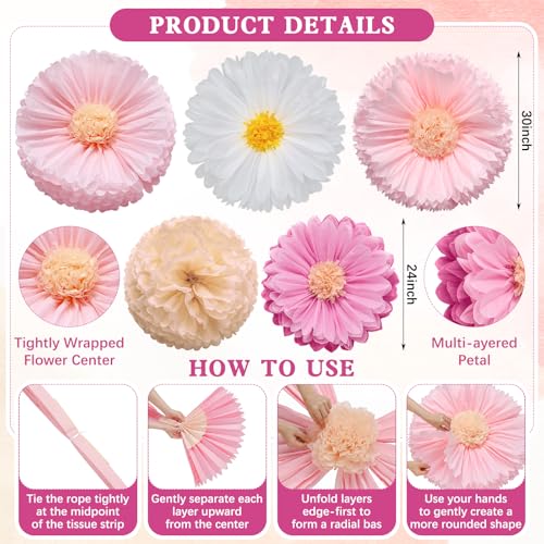 Image of Chunful 5 Pcs 30'' 24'' Pink Giant Tissue Paper Flowers for Back to School Decor Large Hanging Crepe Paper Pom Poms for First Day of School Bulletin Board Welcome Party Decor