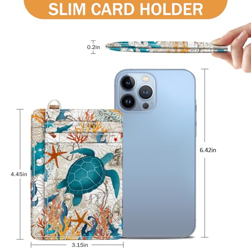 Image of Yonlevres Sea Turtle Credit Card Holder Slim RFID Wallet Women Small Travel | Front Pocket, Handy, RFID Blocking, Woman Girls Ladies Gifts, D-ring for Keychain, Cute Thin Card Case, ID Window, PU Leather