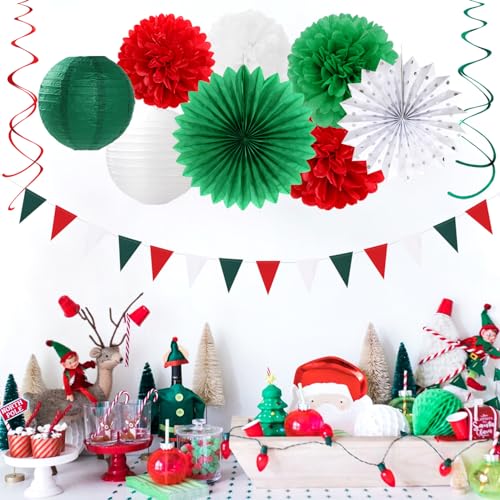 Image of Red Green-White Christmas Party Decorations - 20pcs Mexican Italian Paper Lanterns Fans,Tissue Pom Poms,Honeycomb Balls,Bunting,Birthday Mexico Italy Baby Shower Wedding Decor Burgleda