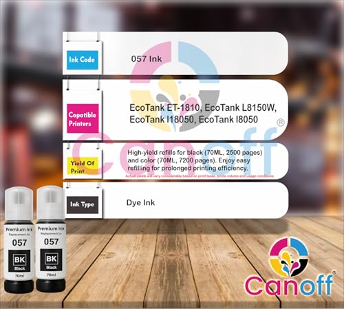 Image of CANOFF Premium 057 Refill Ink Bottle - High Page Yield, Quick Dry, Dye-Based Printer Ink for Vibrant Printing, Compatible with Epson L8050, L18050 Ink Tank Printer - (057 Black 2pc.)