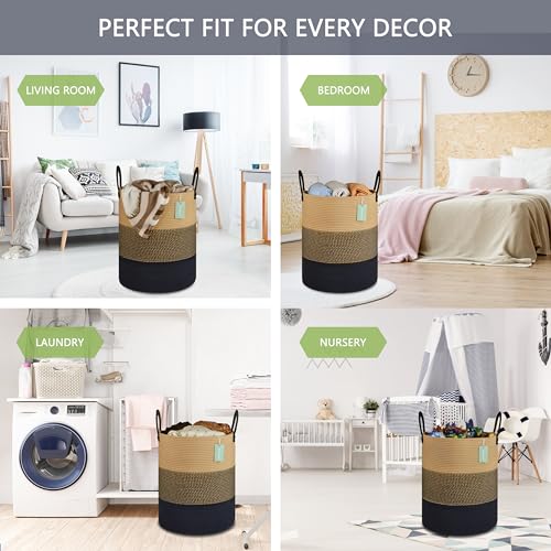 Image of Large Cotton Rope Laundry Hamper for Clothes 65L, Brown & Black | 16 inchx 20 inch, Tall Woven Storage Basket for Nursery, Bedroom & Living Room; Stores Clothes, Blankets, Pillows, Toys & Towels