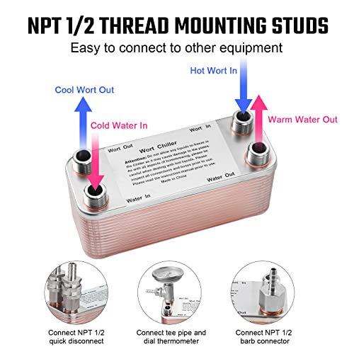 Hilangsan Wort Chiller 30 Plate Heat Exchanger Stainless Steel Brazed Plate Chiller Brew Plate Wort Chiller 1/2 Npt Thread Connector Plate Hot Exchanger Chill Wort Water #TOP2