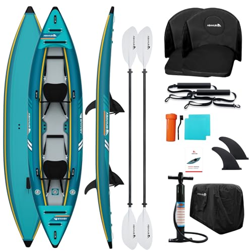 Abahub Kayak Hinchable 420cm para 2 Persona con Remo, Asiento, Reposapiés, Bomba de Mano y Bolsa para Canoa Embarcación Inflable 2 Lugar 420x89x23cm Azul
