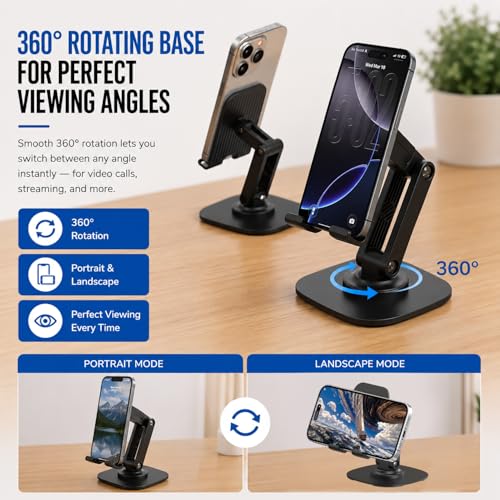 Image of Sounce 360 Rotatable Foldable Mobile Phone Holder | Adjustable Height Desk Stand with Metallic Base & Anti-Skid Pad | Compatible with All Smartphones, Tabletop, Tablets, iPad, Kindle (Black)