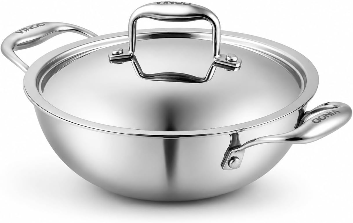 Platinum Triply Stainless Steel Extra Deep Kadhai/Cooking Pot with Stainless Steel Lid, Capacity 3.2 Litre, Dia 24 cm | 2.5mm Thick| Induction and Gas Stove Friendly|SAS Metal