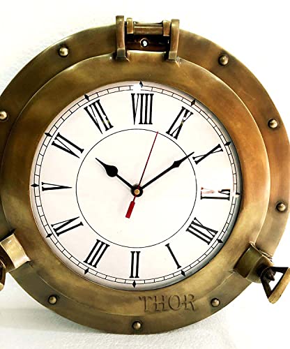 Thor Instruments Vintage Marine Brass Ship Wall Porthole Clock-Analog Clock-Nautical Clock-Home Decor-Clock (Clock Size 9" Full Size 12", Antique Brass) #TOP2