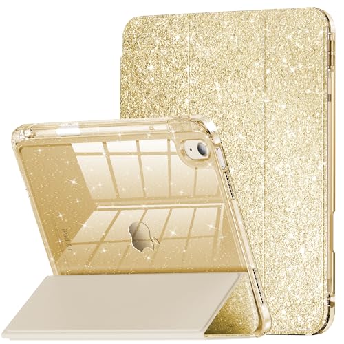 INFILAND 対応iPad Air 11 インチ ケース M2(2024)/M3(2025, iPad Air 第 7 世代/第 6 世代/第 5 世代/第 4 世代 ケース(2022/2020)10.9 インチ、裏面がクリアなグリッターケース、子供や女子向けのペンキャリア付き (スターライト・ゴールド)