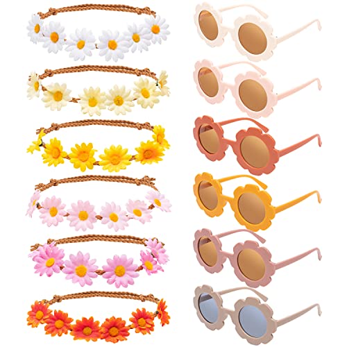 A1DIEE 12 Stücke Groovy Dasiy Kinder Party Brille Boho Stirnband Verstellbare Krone Retro Hippie Lustige Brille Maskerade Fotokabine Requisite Festival Kostüm Zubehör Geburtstagsgeschenke Mädchen Cover