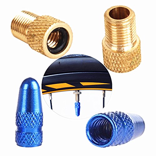 Osymoker Anodized Alloy Presta Valve Caps and Copper Presta to Schrader Bicycle Bike Valve Adaptor Tube Pump Air Compressor Tools Car Converter Set of 4