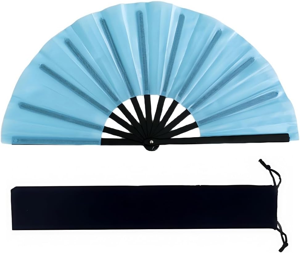 Large Folding Hand Fan Handheld Folding Fans Chinese Tai Chi Nylon Cloth Chinese Kung Fu Fan with Holder Sleeve for Men and Women Performance Dance Decorations Festival (Light blue)