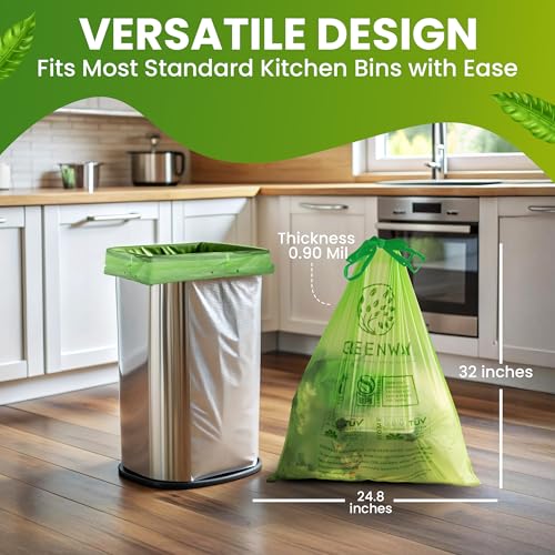 GREENWAY 13 Gallon Compostable Drawstring Trash Bags, Extra Thick 1.0 Mil, 50 Count, BPI & OK Home Certified, Leak-Proof Kitchen Garbage Bags For Food_desvips.com