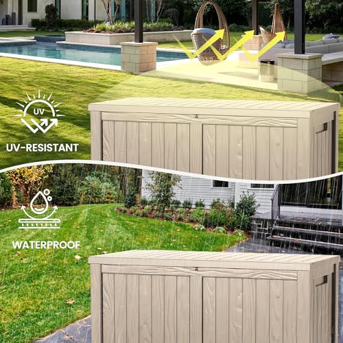 Trygoal 120 Outdoor Storage Box, Waterproof Resin Deck Box for Indoor & Outdoor Use, Lockable Storage Bench with Piston Hinge, Storage Bin for Patio Cushions, Garden Tools, Package Delivery, Grey - Thumbnail 6