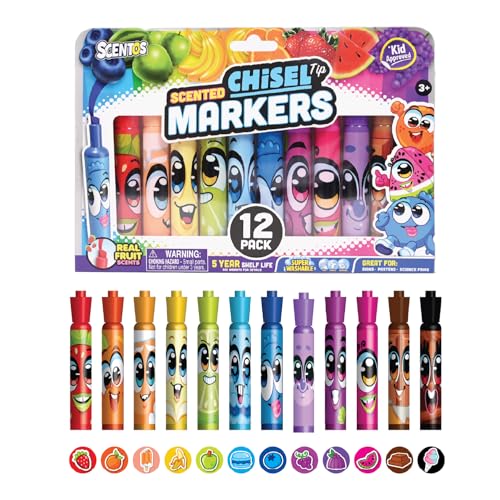 Scentos Fruit Scented Chisel Tip Markers, 12 Pack, Kid Approved, Super Washable, for Posters and Science Fairs, Assorted Colors