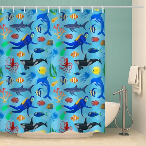RFFLUX 3D Delphin Duschvorhang Anti Schimmel 180x180 cm mit 12 Haken Delphin Duschvorhänge Anti-Bakteriell Waschbar Wasserdicht Polyester Badvorhänge für Badezimmer（Stil 54-4）