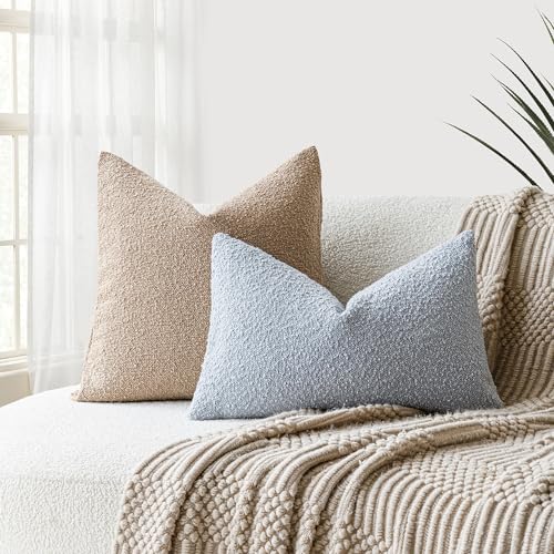 Image of Foindtower Modern Textured Boucle Lumber Throw Pillow Covers Accent Solid Decorative Pillow Cases Cozy Couch Cushion Case for Sofa Bed Living Room Home Decor, 12 x 20 Inch, 1PC, Light Blue