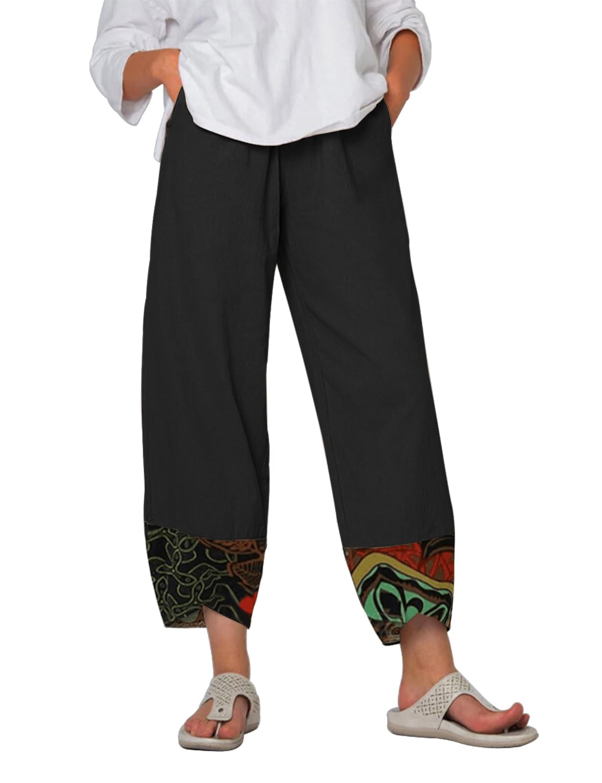 Yuson Girl Pantaloni Donna Pantaloni Estivi Donna Leggeri Pantaloni Larghi Lino Vita Alta Pantalone con Tasche Pantaloni di Svago Panno di Lino da con Fascia Elastica