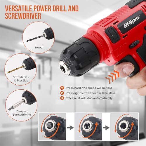 Image of Hi-Spec 8V USB Power Drill Driver Screw Drill Bit Set. Cordless & Rechargeable Electric Drill Driver with Wall Hanging Kit,Red