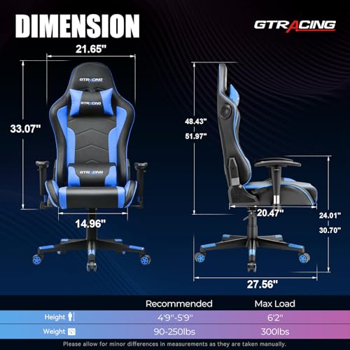 GTRACING Gaming Chair with Speakers, Video Game Chair Bluetooth Music with Lumbar Support, Ergonomic Comfortable Office Computer Chair for Adults, Height Adjustable Reclining Chairs, 360° Swivel, Blue - Image 3