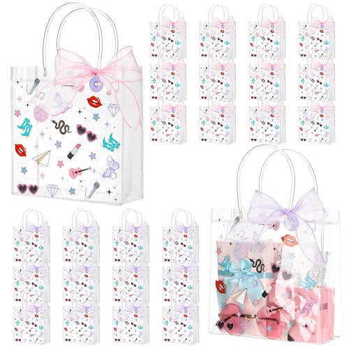 Sweetude 24 Pack Era Party Clear PVC Gift Bags with Handles 8 Inch Goodie Bags for Birthday Supplies Girl Fans Concert Bachelorette Music Singer Party Decorations Women Merchandise Music Lover Gift