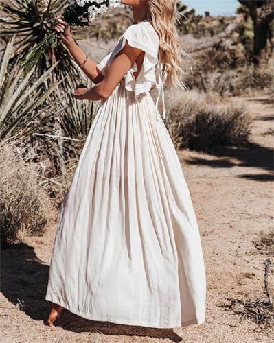 Swim Cover Up for Women Deep V Neck Ruffle Sleeve Button Down Maxi Dresses Elastic Tie Waist Plain Swimwear Coverup4