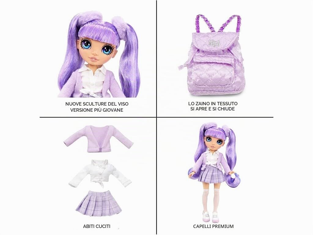 Rainbow High Jr. High - Violet Willow - Bambola alla Moda Viola da 23cm con Vestito e Accessori - Include Zainetto Apri e Chiudi - da Collezionare o Regalare - età: dai 6 Anni in su