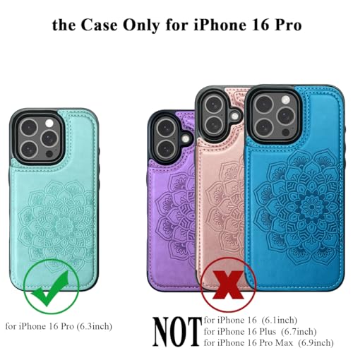 MMHUO for iPhone 16 Pro Case with Card Holder,Flower Magnetic Buttons Protective Wallet Case for Women for iPhone 16 Pro (6.3 Inch),Blue by MMHUO - Used condition - Image 2