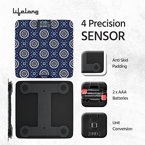 Image of Lifelong Azure Weighing Scale (LLWS72 Indian Cultural Series - Gujarat)|Digital Weight Machine for Body Weight|6mm Thick Tempered Glass with LCD Display|Bathroom Weighing Scale (Blue)
