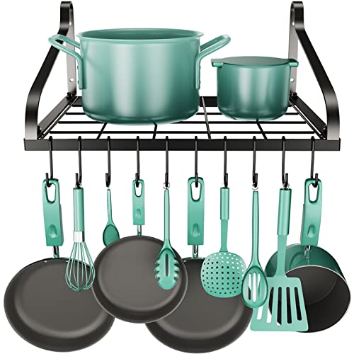 Hanging Pot Rack Wall Mounted with 10 Hooks, MUDEELA Pot Pan Hangers for Kitchen Wall Mount, Pot Pan Organizer Rack, Wall Shelf for Cookware, Books, Household
