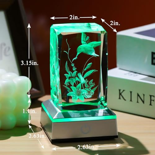 Image of 3D Hummingbird Mothers Day Gifts for Mom Women Glass Figurines Crystal Humming Bird Lily Flower Statue Home Decor with Light Base, Present for Nature Lovers on Birthday Christmas