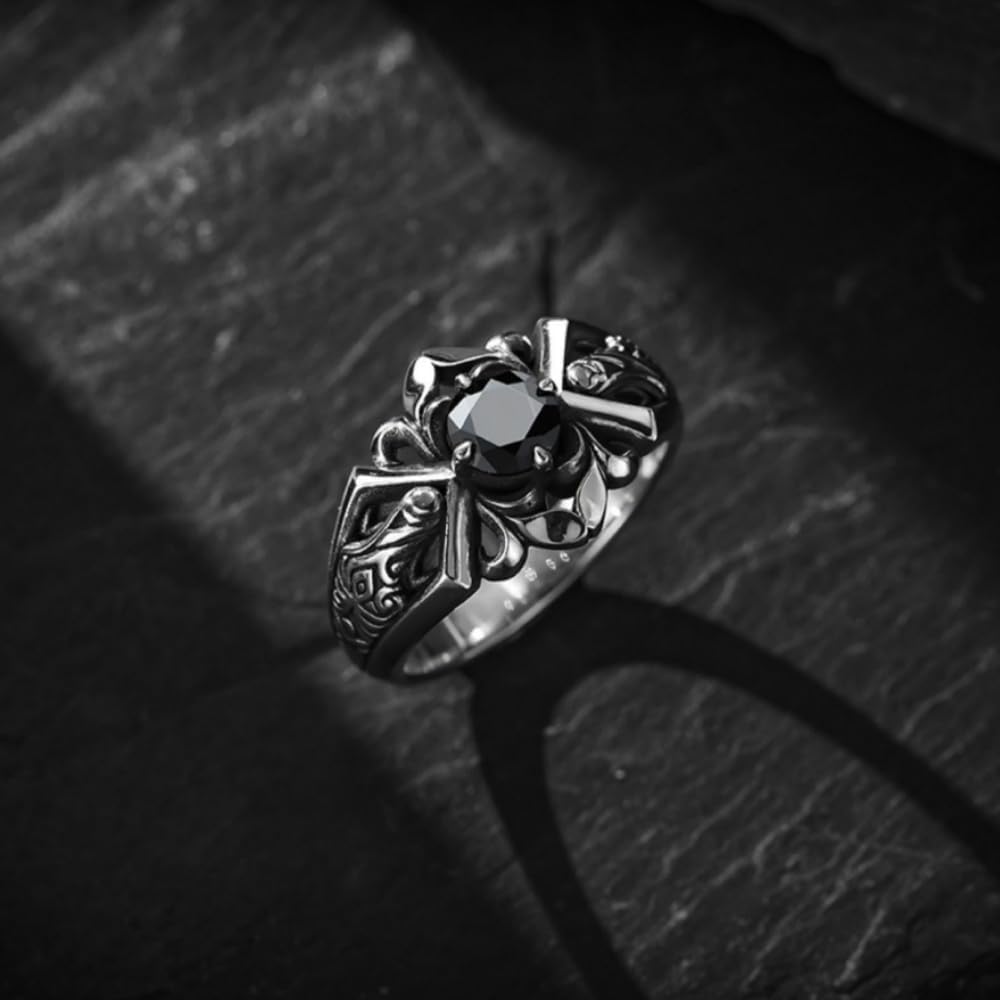Men Vintage Punk Ring: Cool Adjustable Goth Balck CZ Open Statement Ring for Men Women - Unique Biker Jewelry Birthday Gift for Him