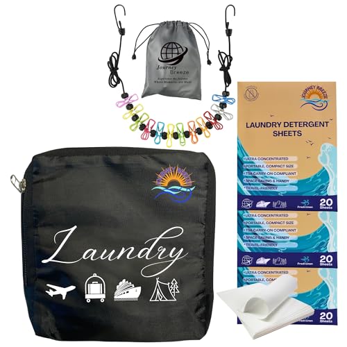 Travel Laundry Detergent Sheet Pack includes Laundry Sheets (3 packs), Foldable Laundry Bag and Portable Clothesline, Great for Travel, Cruises, Dorms, Camping, Backpacking, Hotels