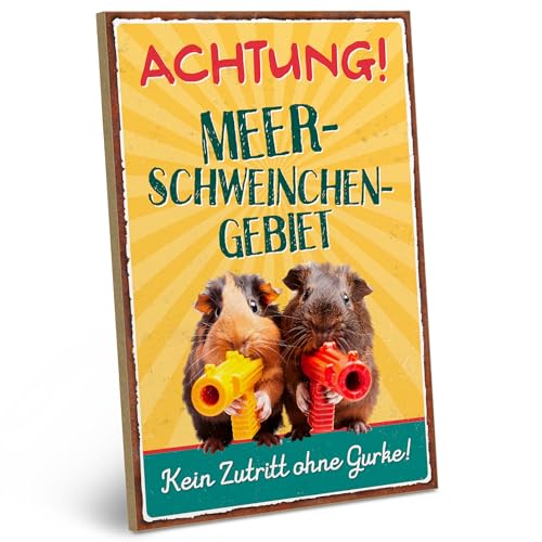 ARTFAVES® Wandbild Holzschild mit Spruch - Achtung Meerschweinchen Gebiet - Türschild Retro Vintage Deko Bild Geschenk - Meerschweinchen