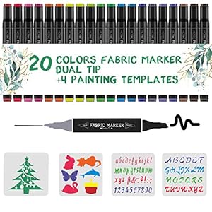 Textilstifte, RATEL 24 Set Textilmarker, 20 Stück Stoffmalstifte mit Zwei Spitzen, 4 Stück Schablonen, Permanenter und…