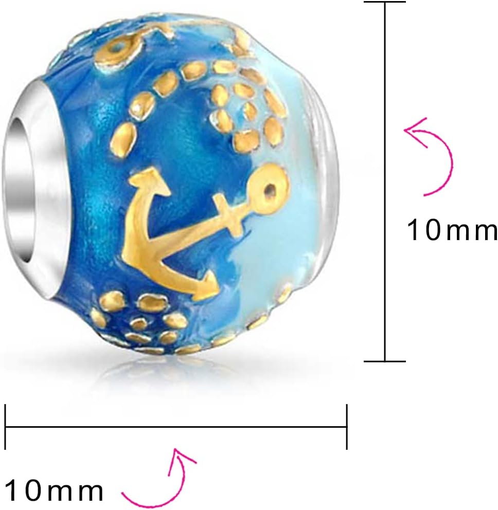 Bling Jewelry Tropical Vacation Nautical Ocean Blue Waves Anchor Charm Bead For Women Teen 14k Gold Plated .925 Sterling Silver Fits European Bracelet