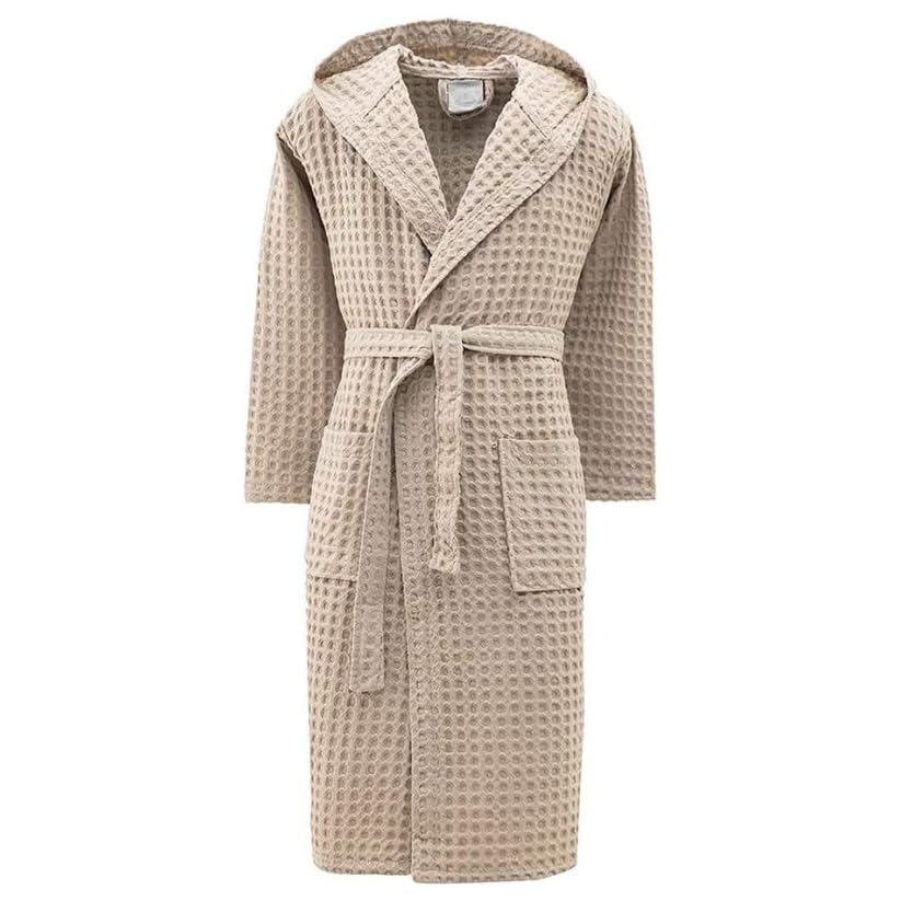 INTRECCI Albornoz 100% algodón de Rizo de Nido de Abeja en Color Liso con Capucha y cinturón - Bata de baño Unisex para Mujer y Hombre (L, Tórtola)