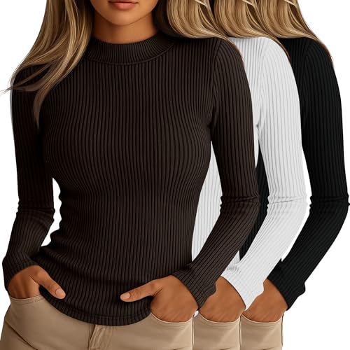 Riyiper 3 Pack Women's Ribbed Shirts, Mock Turtleneck Long Sleeve Tops Slim Fitted Undershirts Casual Basic Layering Tees