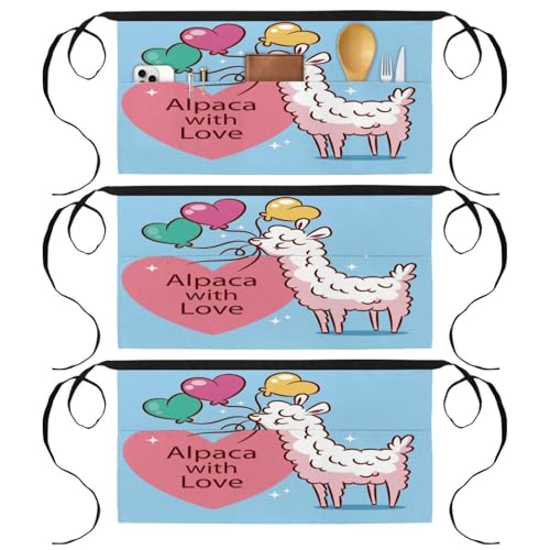 Tabliers courts de chef avec 3 poches pour cuisine et bistrot motif alpaga bleu lot de 3