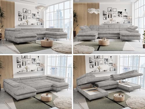 MKS MEBLE Sofa U-Form, Wohnlandschaft U-Form, Sofa mit Schlaffunktion und Bettkasten, Schlafsofa mit Bettkasten, Couch mit Verstellbare Kopfstützen - Peter U - Grau Cord (ohne Topper)