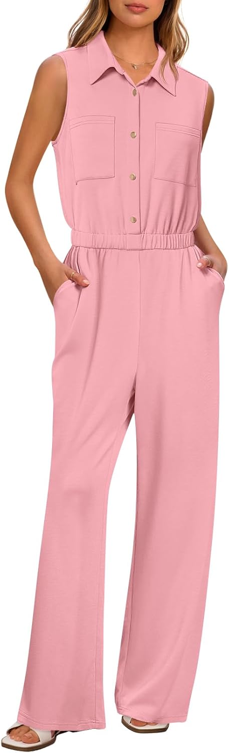 MEROKEETY Women's Summer Jumpsuits Dressy Casual One Piece Outfits Sleeveless Wide Leg Button Romper Pink Medium