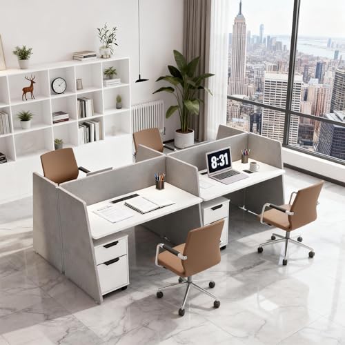 ONNAHOMEStlyle 4-Person Modular Cubicle Desk Workstation | with Built-in Power & Mobile Storage, Acoustic Privacy Panels | Sleek, Scalable Layout for Modern Teams (White, 4 Person cubicles)