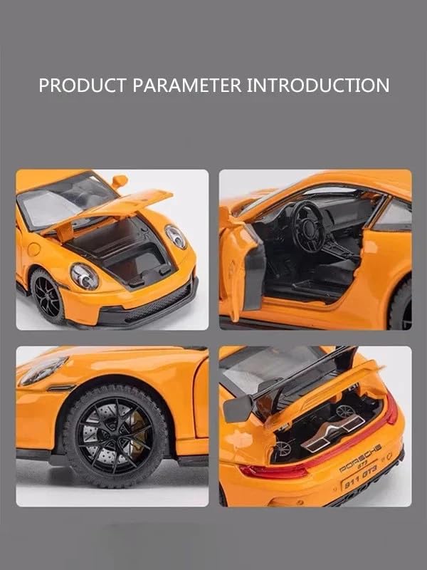 Image of 1:32 Porsche 911 GT3 Sport Car Model - Diecast Alloy Toy Vehicle with Pull Back Action, Sound, Light & Openable Doors, Hood & Trunk for Kids and Collectors (Orange)