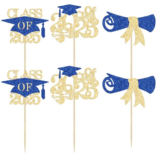 Gyufise 24Pcs Class of 2025 Cupcake Toppers Glitter Diploma Grad Cap 2025 Graduation Cupcake Picks for 2025 Graduation Theme Party Cake Decoration Supplies Blue Gold - Thumbnail 3