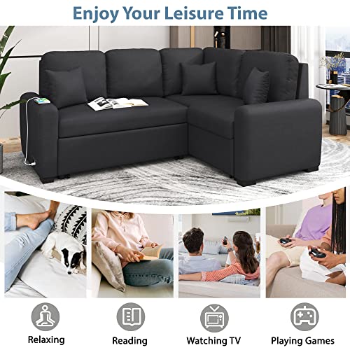 76.7" Convertible Sofa Couch With Pull-Out Sleeper, Multi-Functional Adjustable Sectional Sofá Couches W/ Usb Charging Port, Plug Outlet And 3 Pillows, L-Shaped Chaise For Living Room/Apartment/Office #TOP3